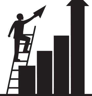 Yukarı doğru ok ile yükselen bar çizelgesi sütunlarına yerleştirilmiş merdivenlere tırmanan iki kişinin siyah beyaz vektör silueti