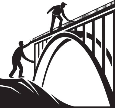 Siyah ve beyaz vektör silueti iki insanın kemerli bir köprüde buluşması bağlantı ve ortaklığı simgeliyor.