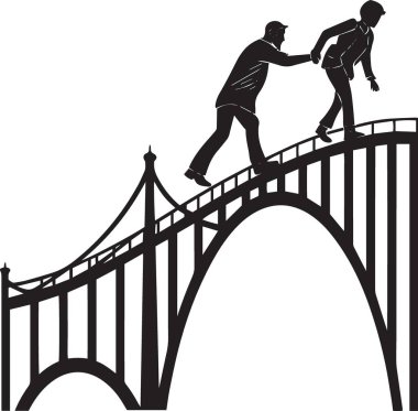 Karşılıklı destek ve takım çalışmasını simgeleyen bir köprüde birbirlerine yardım eden iki kişinin siyah ve beyaz vektör silueti.