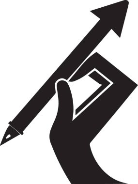 Bir el çiziminin siyah ve beyaz vektör silueti veya yukarı doğru bir ok yazmak yaratıcı büyüme ve yönü sembolize eden bir kalem kullanmak