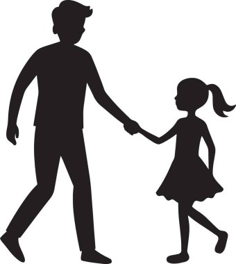 Siyah ve beyaz vektör silueti, her iki tarafta el ele tutuşan iki genç kızla yürüyen bir babanın.