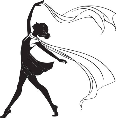 Siyah ve beyaz vektör silueti arkasında uzun bir atkı ya da kumaş ile özgürce koşan bir kız.