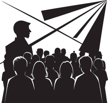 Bir etkinlikte ya da bir toplantıda seyirci olarak bir araya gelen büyük bir insan topluluğunun siyah beyaz vektör silüeti