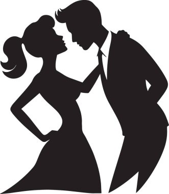 Ateşli bir çiftin siyah-beyaz silueti romantik bir şekilde öpüşmek için eğiliyor.