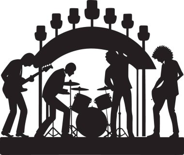 Tam teşekküllü bir rock grubunun siyah ve beyaz vektör silueti sahnede davul gitar ve mum kemeriyle