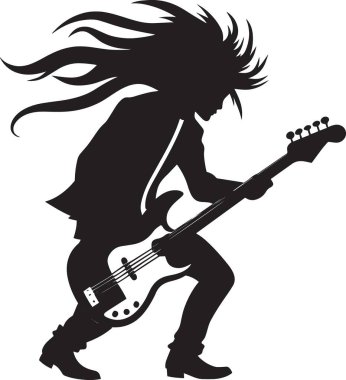 Siyah ve beyaz bir kadın rock gitaristinin silüeti dalgalı saçlarıyla elektro bas gitar çalıyor.