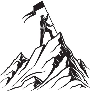 Elinde bayrak tutan bir dağın tepesinde gururla duran bir adamın siyah ve beyaz silueti liderlik zaferini, zirve başarısını ve nihai başarıyı temsil ediyor.