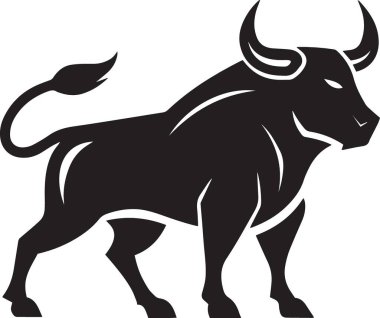 Güçlü bir boğanın siyah ve beyaz vektör silueti boğa pazarı, finansal gücü ve piyasa iyimserliğini temsil ederek saldırganca ileri doğru ilerliyor.
