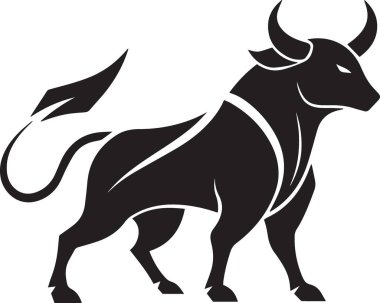 Güçlü bir duruş sergileyen kaslı bir boğanın siyah ve beyaz vektör silueti piyasa gücünü, boğa hissini ve finansal gücünü temsil eden büyük boynuzlarıyla güçlü bir duruş sergiliyor.