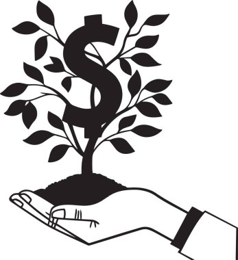 Dağınık yapraklarla büyüyen, finansal büyüme, para fabrikası ve yatırım refahını temsil eden bir dolar işaretli ağaç silueti.