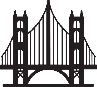 Altyapı, bağlantı, mühendislik ve kentsel gelişimi temsil eden kuleler ve kablolarla büyük bir asma köprünün siyah siluet vektörü