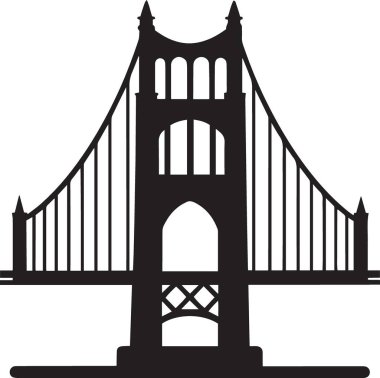 Altın Kapı stili asma köprünün siyah siluet vektörü, ikonik mimari, seyahat ve bağlantıyı temsil eden detaylı kuleler ve kablolar ile