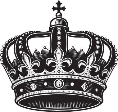 Süslü kraliyet tacının siyah ve beyaz vektörü mücevherler, çapraz üst ve dekoratif filigran, kraliyet, otorite, lüks ve yüksek kaliteyi temsil eder.