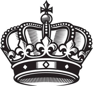 Black and white vector of a highly detailed royal crown featuring gems, fleur-de-lis, and a cross at the top, representing monarchy, prestige, and supreme leadership