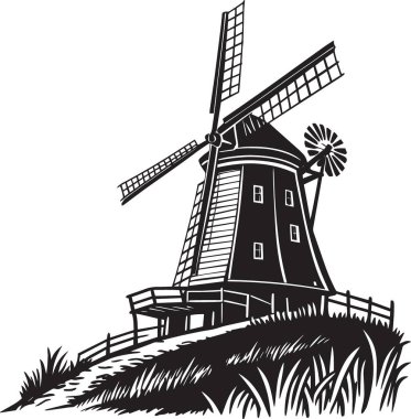 Klasik bir Hollanda yel değirmeninin siyah ve beyaz vektör silueti. Çimenler ve doğal ortamlar arasında belirgin bıçaklar var.