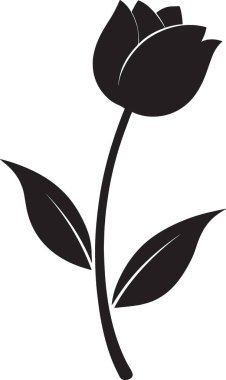 İlkbaharı, doğayı ve çiçekli güzelliği temsil eden bir lale çiçeğinin sapı ve yapraklarıyla siyah ve beyaz vektör silueti.