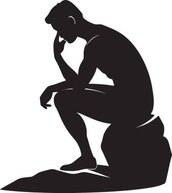Siyah ve beyaz, kaslı bir adamın silüeti derin düşünceli bir duruşta çömelmiş, zihin ve tefekkür ile birleşmiş gücü temsil ediyor.