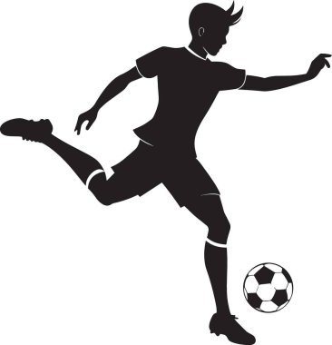 Topa vurmak üzere olan bir bayan futbolcunun siyah ve beyaz vektör silüeti, kadın sporunu, atletizm eşitliğini ve futbolu temsil ediyor.