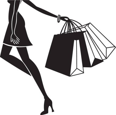 Siyah ve beyaz bir kadın silueti. Birden fazla alışveriş çantasıyla yürüyen, perakende, moda ve tüketici yaşam tarzını temsil eden.