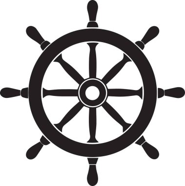 Bir geminin dümen çarkının siyah ve beyaz detaylı vektör silueti süslü telleri ve merkezi merkeziyle, deniz teması ve markalaşma için ideal