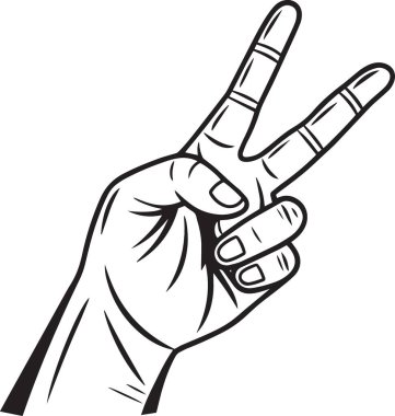 Siyah ve beyaz el çizimi bandajlı bir parmakla barış işareti yapıyor. Eşsiz, keskin ve alternatif tasarım kavramları için mükemmel.