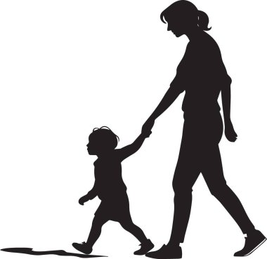 İki çocuklu bir annenin siyah siluet vektörü, aile, ebeveynlik ve günlük yaşam tasarım kavramları için mükemmel.