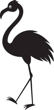 Uzun bacaklı, kıvrık boyunlu, dik duran flamingo kuşunun siyah vektör silueti.