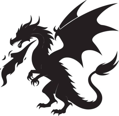 Uçuşta kanatlarını açmış bir ejderhanın siyah vektör silueti fanteziyi ve mitolojiyi temsil ediyor.