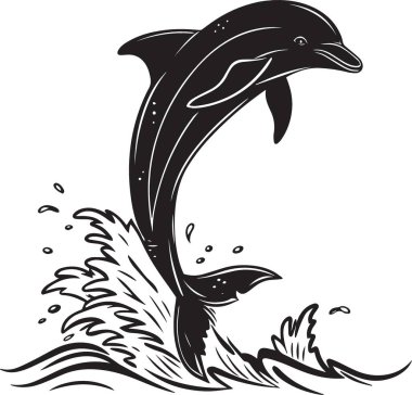 Sudan sıçrama efektleriyle atlayan bir yunusun siyah beyaz vektör silueti.