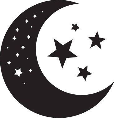 Gece gökyüzünde dekoratif yıldızlı koyu hilal şeklindeki siyah ve beyaz vektör silueti