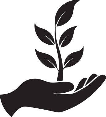 Yumuşak bir elin siyah siluet vektörü küçük filizlenen bir bitki tutuyor, eko ve doğa temaları için ideal.