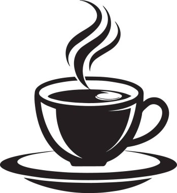 Kahve ve içecek temasını temsil eden bir fincan çay tabağında sıcak bir kahve fincanının siyah ve beyaz vektör silüeti