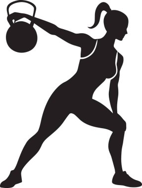 Bir kadının dinamik siyah silueti, spor yapmayı ve aktif yaşam tarzını temsil eden bir üstten eksersiz yapıyor.