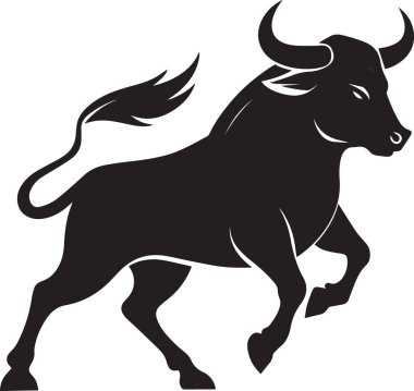 Güçlü bir boğanın siyah ve beyaz vektör silueti agresif bir şekilde koşuyor. Güç ve gücü temsil ediyor.