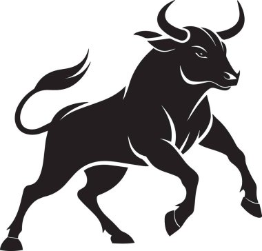 Siyah ve beyaz vektör silueti belirgin boynuzlarıyla güçlü bir duruş içinde duran kaslı bir boğanın.