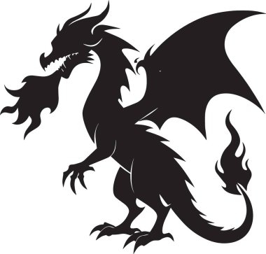 Büyük kanatlı bir ejderhanın cesur siyah silueti fantezi ve oyun tasarımları için agresif bir duruş içinde.