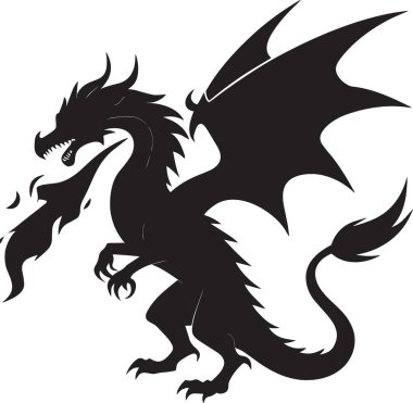 Uçuşta kanatlarını açmış bir ejderhanın siyah vektör silueti fanteziyi ve mitolojiyi temsil ediyor.