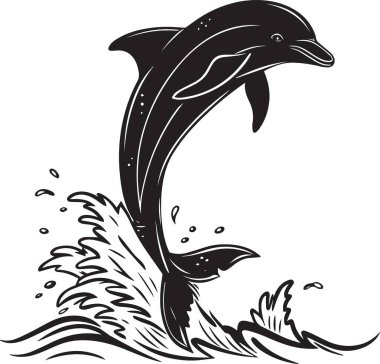 Sudan sıçrama efektleriyle atlayan bir yunusun siyah beyaz vektör silueti.