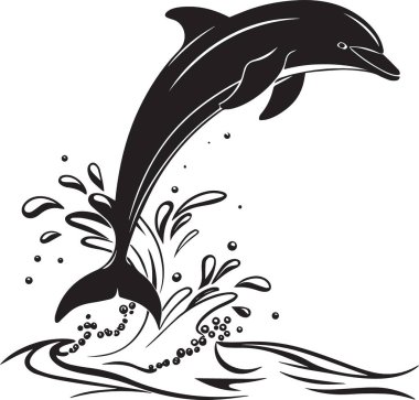 Bir yunusun siyah beyaz vektör silueti, su püskürtme efektleriyle okyanus dalgalarından atlıyor.