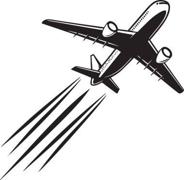 Uçuşun ortasında dinamik hareket çizgileri olan ticari yolcu uçağının siyah ve beyaz vektör silueti