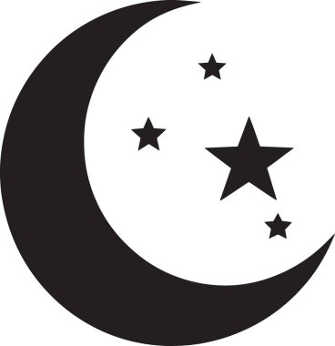 Gece gökyüzünü ve gök temasını temsil eden dağınık yıldızlı hilal bir ayın siyah ve beyaz vektör silueti