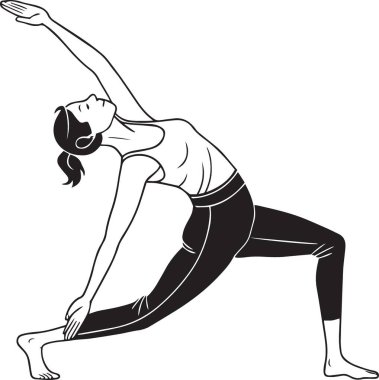 Yoga üçgeni ya da kenar açı yapan bir kadının siyah ve beyaz vektör silueti esneklik ve denge için poz verir