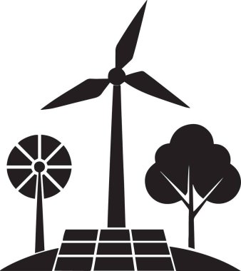 Güneş paneli ve yeşil enerji ekosistemini temsil eden ağaç ve rüzgar türbininin siyah ve beyaz vektör silüeti