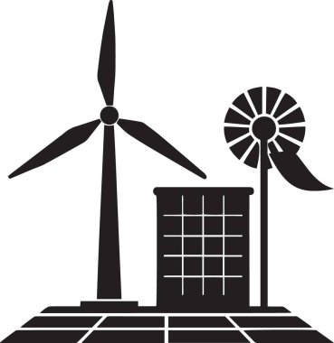 Yenilenebilir enerji çiftliğindeki rüzgar türbinlerinin ve güneş panellerinin siyah ve beyaz vektör silueti