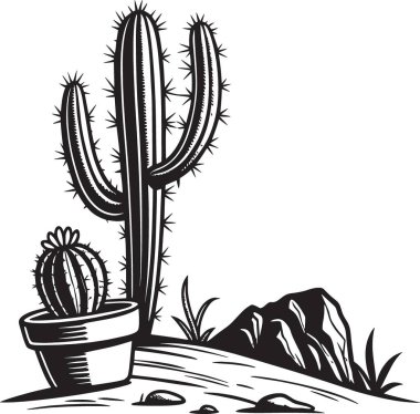 Uzun bir çöl kaktüsünün siyah ve beyaz vektör silueti. Kurak arazide kayalar ve kayalar var.
