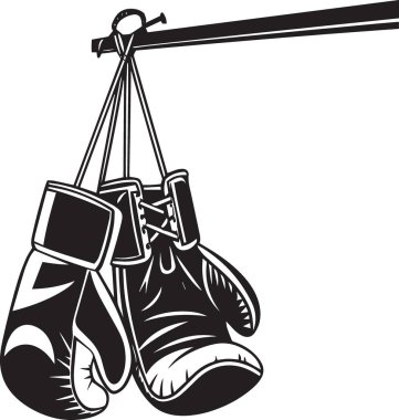 Bir boks eldiveninin siyah ve beyaz vektör silueti bir bara asılmış ya da boks sporunu temsil eden kanca.