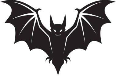 Siyah ve beyaz vektör silueti açık kanatları ve sert ifadesiyle uçan tehditkar bir yarasanın silüeti