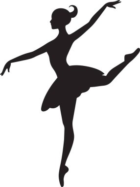 Zarif bir balerinin siyah ve beyaz vektör silueti uzanmış kollarıyla zarif bir şekilde dans ediyor.