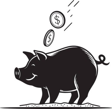 Birikimleri, yatırımları ve finansal planlamayı temsil eden, içine dolar paraları düşen bir domuz kumbarasının siyah ve beyaz vektör çizimi