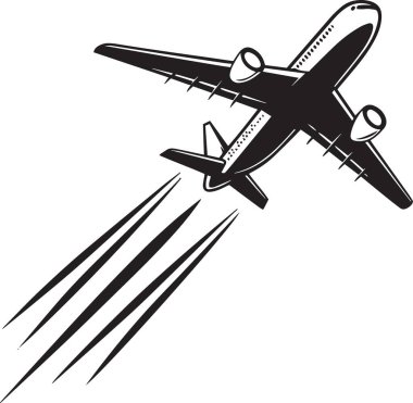 Uçuşun ortasında dinamik hareket çizgileri olan ticari yolcu uçağının siyah ve beyaz vektör silueti